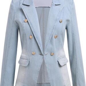 Light Blue Denim Double-Breasted Blazer Jacket